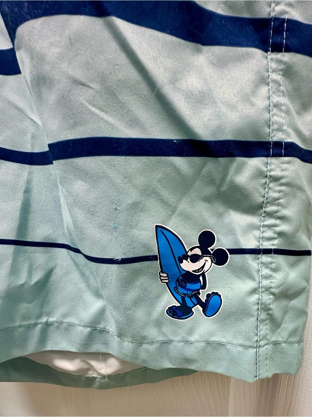 Men's Disney Mint and Navy Striped Athletic Swim Shorts featuring Mickey Mouse!